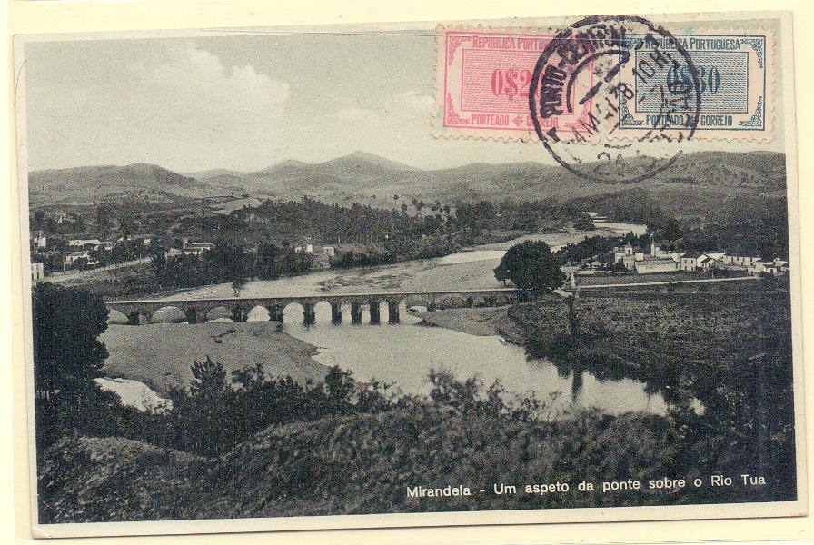 0348 f.jpg -     Lote:    348 (frente)            Portugal       Descrição:         Porteados. 1932/33 &mdash; Tipo Etiqueta. Postal ilustrado circulado de Mirandela (02.05.38) para o Porto (04.05.38) sem franquia. Foi porteado no dobro do porte em falta com selos de 0$20 e 0$30 CE POR47/48.        PI       Valor Base:     &euro; 12,00     Valor Venda:     Retirado     
